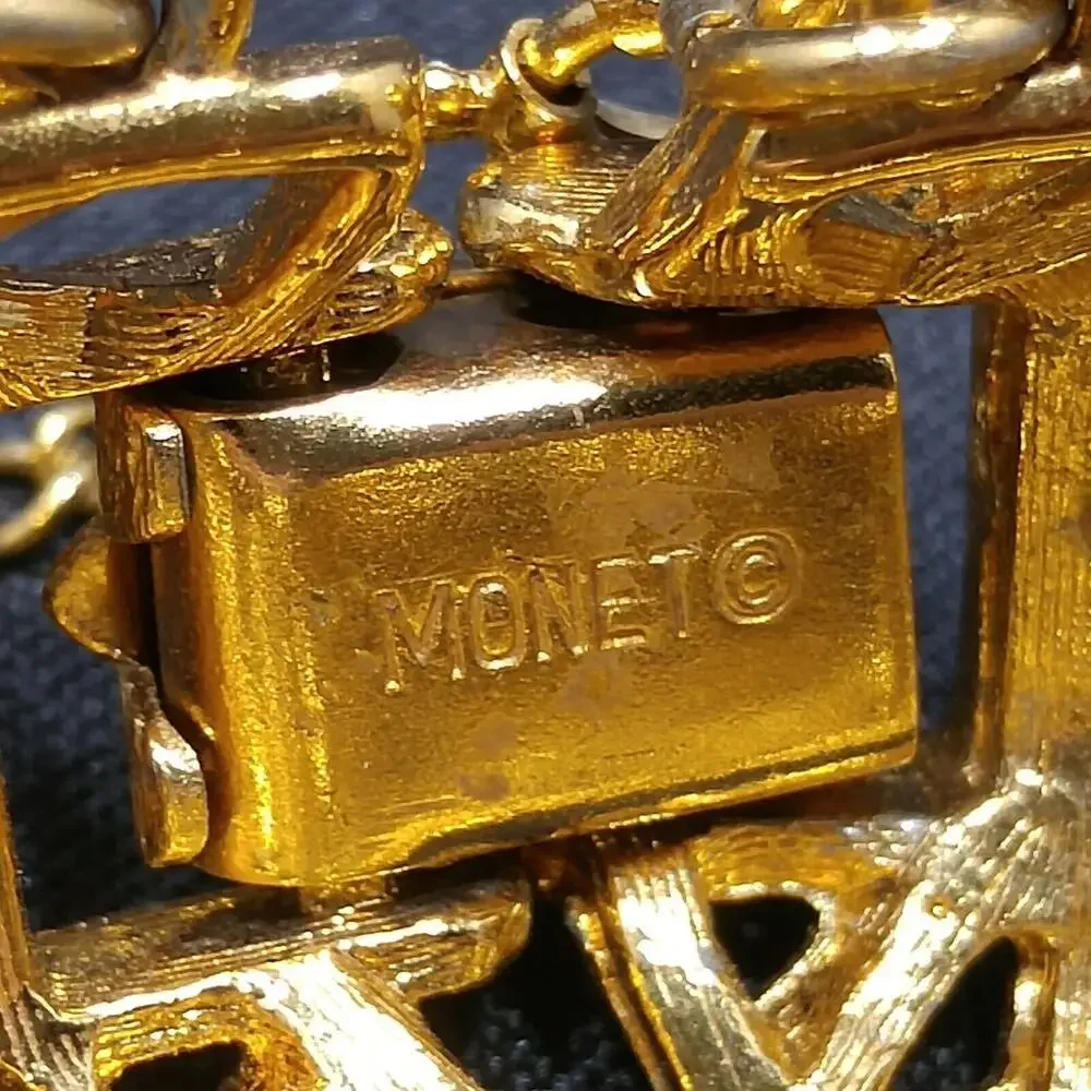 Vintage Monet Gold Plated Openwork Link Bracelet w/ Safety Chain 1960s